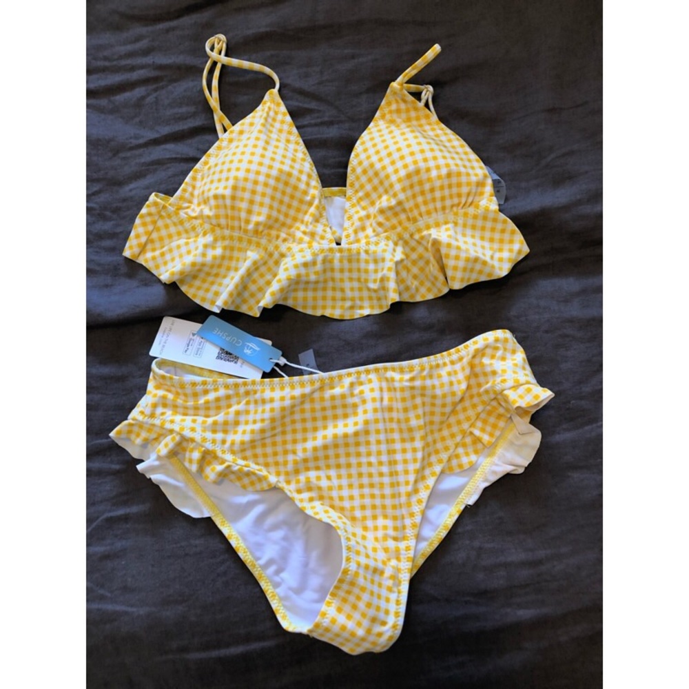Cupshe Yellow Gingham Ruffled Bikini - M